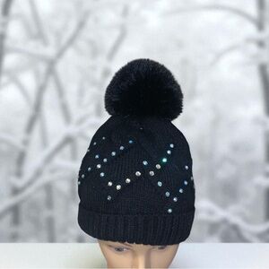 Capelli New York Black Pom-Pom Beanie with Rhinestone Accents
